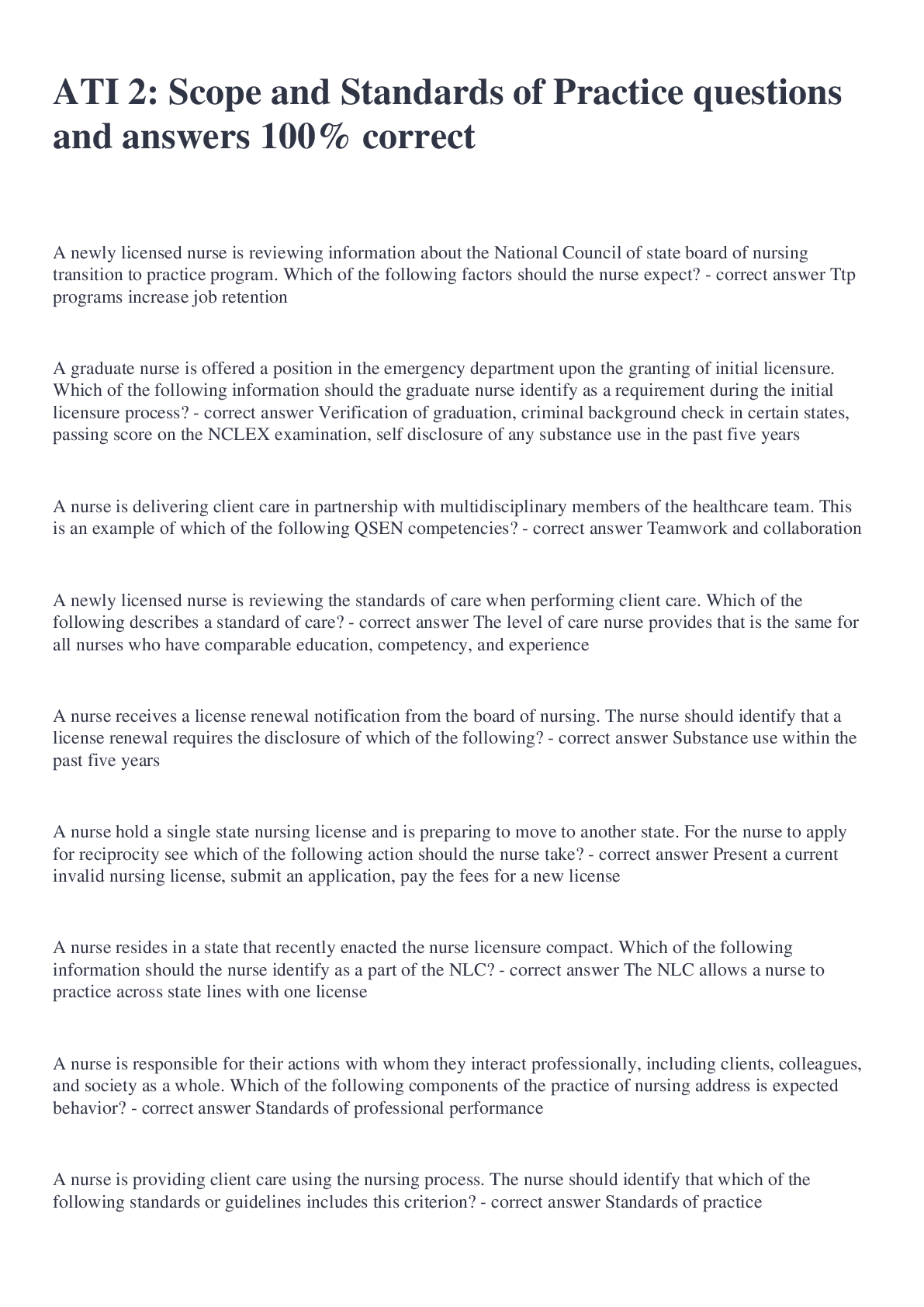 ATI 2 Scope and Standards of Practice questions and answers 100